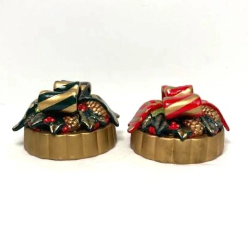 Empire Candle Ceramic Jar Toppers Lot of 2‎ Christmas Green & Red Holiday Decor